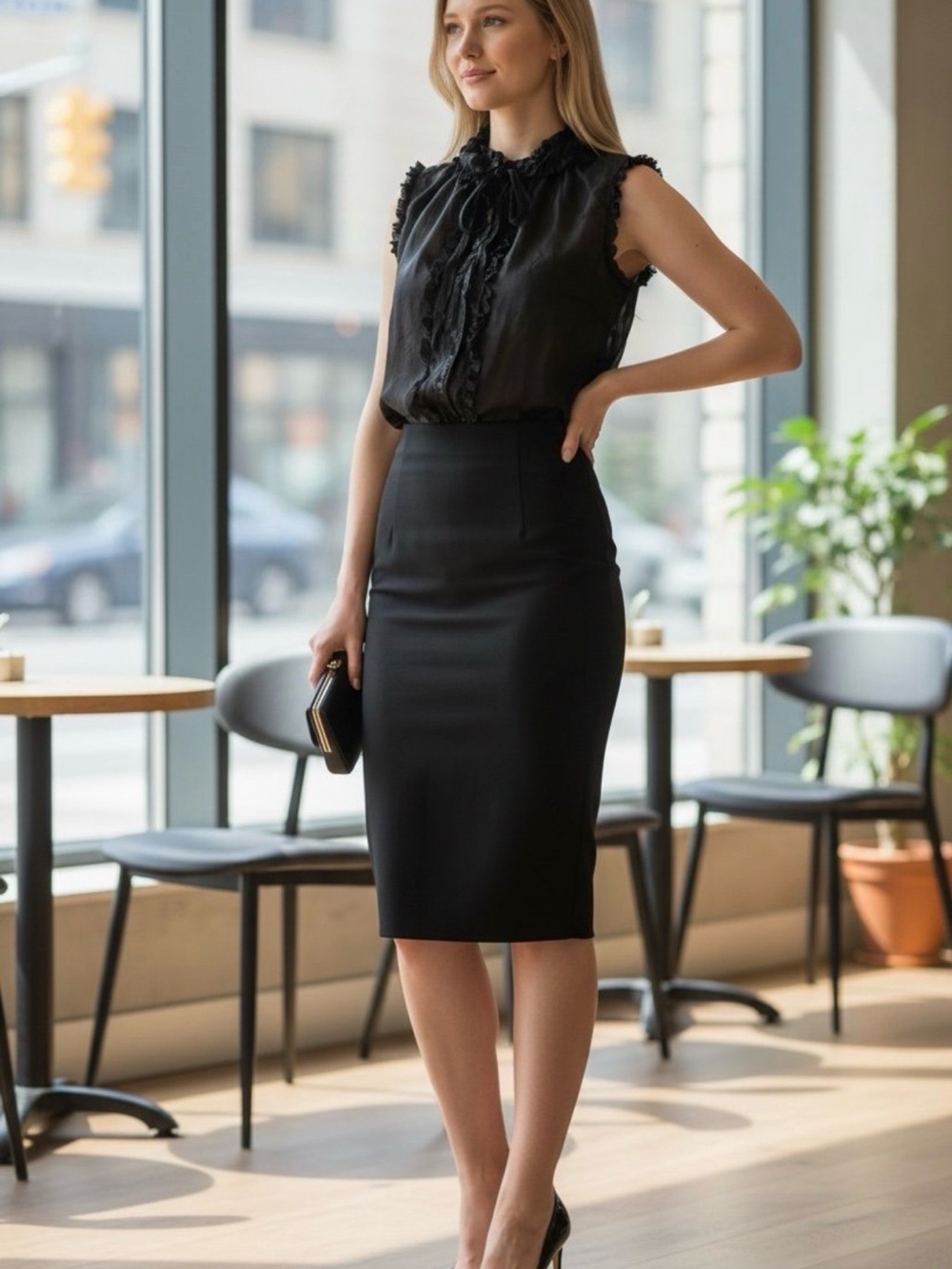 Monique Lhuillier Black Ruffle-Trim Sleeveless Blouse